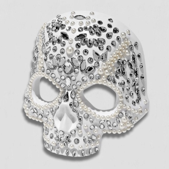 NWT Embellished Skeleton Mask Full-Face Pearl Beads White/Silver Adult One Size - Picture 1 of 7